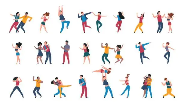 Vector illustration of Dancing pairs. People dance alone, couples having fun at disco party. Dancers move to music in club or musical festival. Happy characters perform choreographic movements, vector set