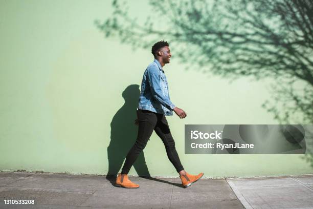 Happy Adult Man Walking Sunny City Street Sidewalk Stock Photo - Download Image Now - Walking, Men, People