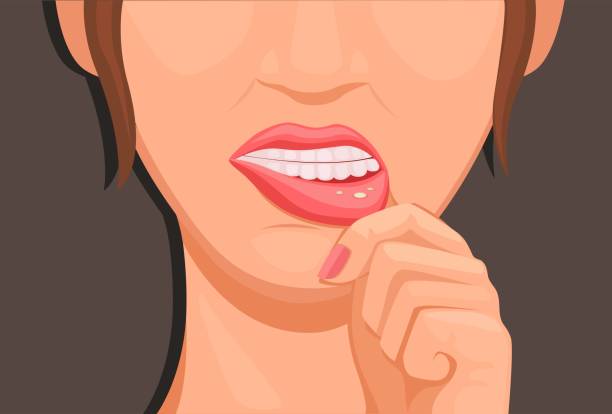 kobiety dotykają warg wylewki, objawy zapalenia jamy ustnej. zdrowie medyczne symbol ilustracji kreskówki wektor - mucosa stock illustrations
