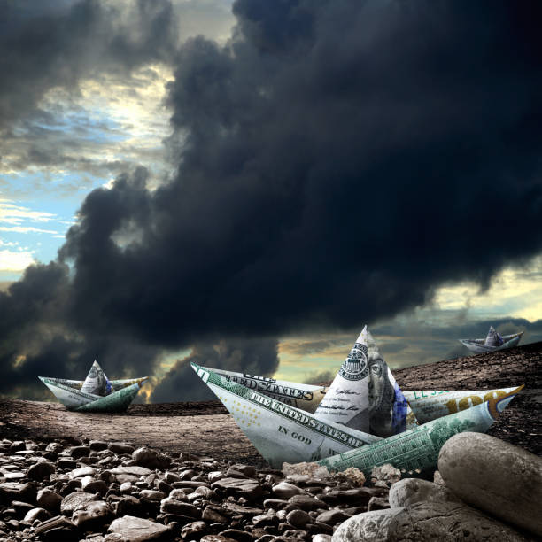 Adversity in making money business Conceptual one hundred dollar paper boat on dried landscape over cloudy sky making money origami stock pictures, royalty-free photos & images