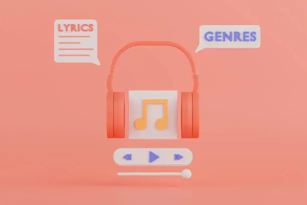 3d rendering concept music player application with headphone and music player on pink background.