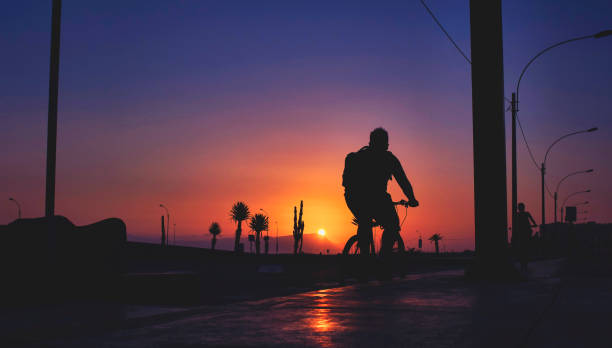istock Silhouette riding bicycle at sunset. Selective focus. Abstract Silhouette background concept. 1310536397