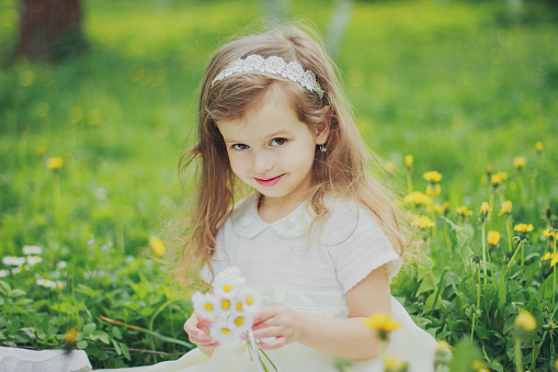 A beautiful girl in white dress holds a bouquet of daisies in spring garden. Portrait of child among green grass and yellow dandelions. Young lady sitting in sunny blooming park and smilling.