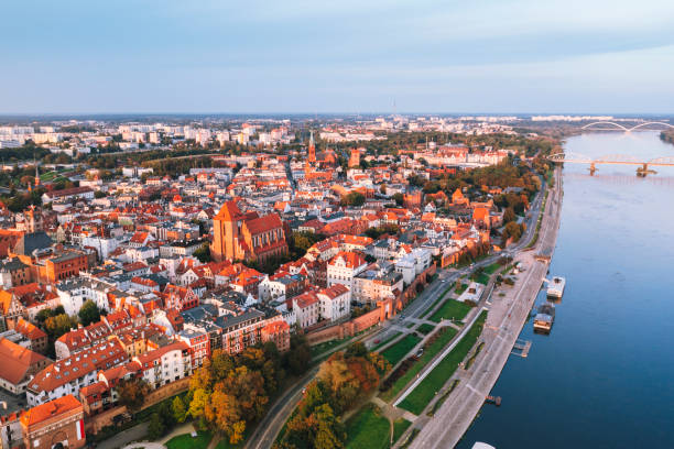 Aerial view of Torun city with Vistula river in Poland stock photo