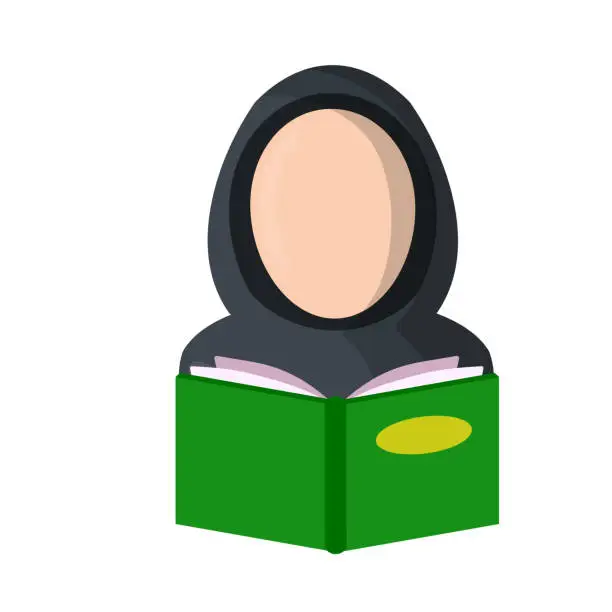 Vector illustration of Arab woman in hijab and green book. Reading and education. Islamic Religious literature - Koran.