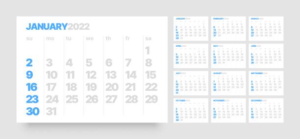 Monthly calendar for 2022 year. Week Starts on Sunday. Monthly calendar template for 2022 year. Week Starts on Sunday. Wall calendar in a minimalist style. kalender stock illustrations