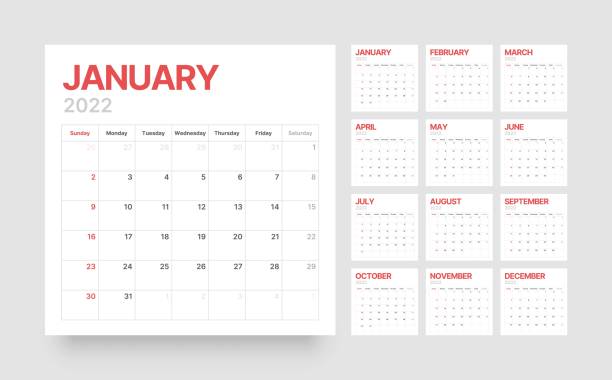 шаблон календаря на 2022 год с недельного старта в воскресенье. - calendar stock illustrations