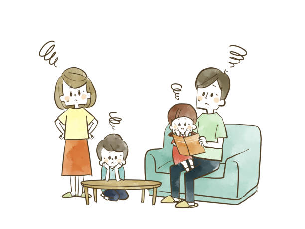 A family of four who are worried A family of four who are worried family reunion images pictures stock illustrations