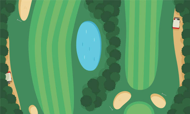 ゴルフ場の風景。ゴルフカートとフェアウェイのイラスト。 - water hazard illustrations点のイラスト素材／クリップアート素材／マンガ素材／アイコン素材