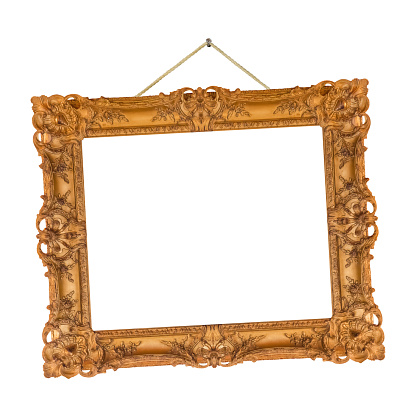 Old wooden picture frame hanging on a rope isolated on white background