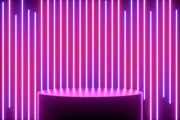 istock Empty Product Stand, Platform, Podium with Ultraviolet Neon Laser Glowing Lines, Abstract 3D Background 1310547479