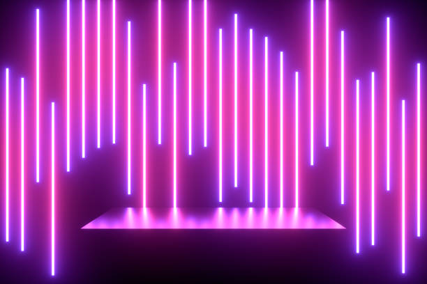 istock Empty Product Stand, Platform, Podium with Ultraviolet Neon Laser Glowing Lines, Abstract 3D Background 1310547503