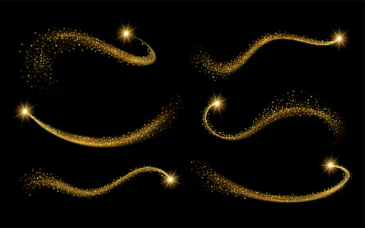 Set vector golden shimmering waves with light effect isolated on black background. Gold glittering star dust trail. Magic motion swirl lines.