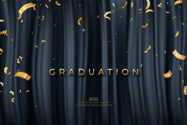 Congratulations Graduate template with golden ribbons on black drapery background. Vector illustrator Congratulations Graduate template with golden ribbons and confetty on black drapery background. Awarding nomination scene. Vector illustrator graduation designs stock illustrations