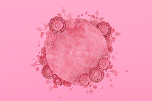 3D rendering of Empty frame with flowers on pink color background for advertisement messages.