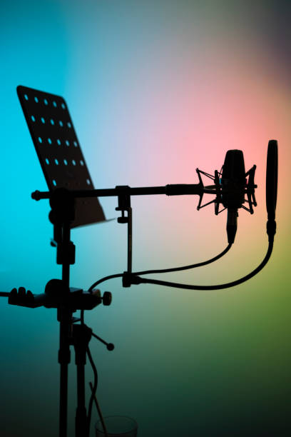 istock Voiceover studio large diaphragm cardioid microphone in professional voice recording studios. 1310551206
