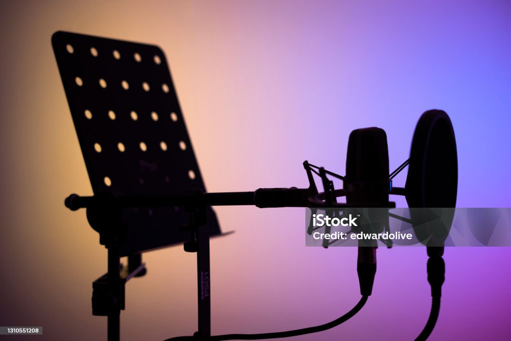 Voiceover studio large diaphragm cardioid microphone in professional voice recording studios. Voice Acting Stock Photo