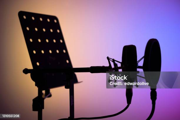 Voiceover Studio Large Diaphragm Cardioid Microphone In Professional Voice Recording Studios Stock Photo - Download Image Now