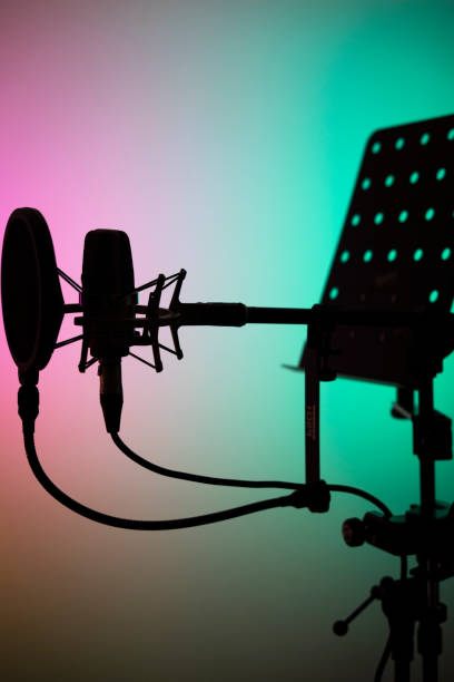 istock Voiceover studio large diaphragm cardioid microphone in professional voice recording studios. 1310551209