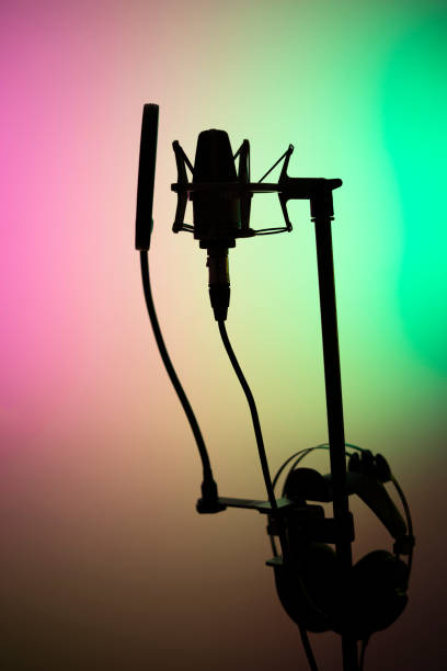 istock Voiceover studio large diaphragm cardioid microphone in professional voice recording studios. 1310551214