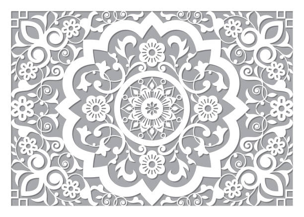 ilustrações, clipart, desenhos animados e ícones de mandala esculpida retrô marroquina em design inspirado em quadro de ractangle, padrão árabe detalhado vetorial com flores, folhas e redemoinhos - formato 5x7 - moorish