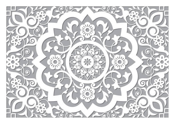 Moroccan retro carved mandala in ractangle frame inspired design, vector detailed arabic pattern with flowers, leaves and swirls - 5x7 format Moroccan retro carved mandala in ractangle frame inspired design, vector detailed arabic pattern with flowers, leaves and swirls - 5x7 format marrakech stock illustrations
