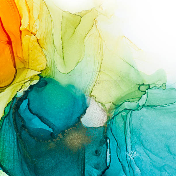 istock Alcohol ink air texture. Azure, blue, yellow, orange abstract background with golden glitters. Abstract translucent flow. Modern fluid art design 1310552332