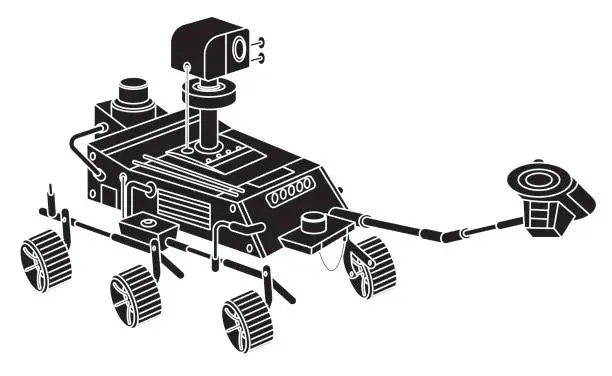 Vector illustration of Space rover. Isolated black robot. Aerospace mars vehicle. Martian NASA equipment