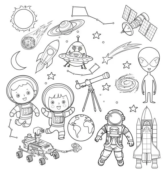 Vector illustration of Black and white astronaut and space objects