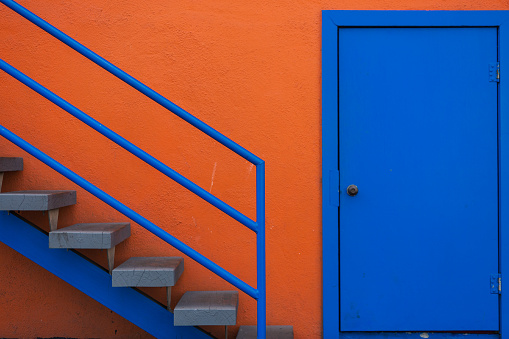 Orange and blue building exterior.