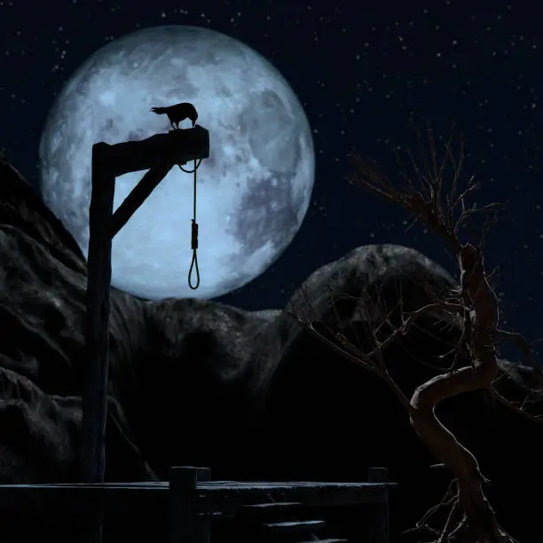 Gallow on a spooky night with a blue full moon. A crow sits on it - 3d rendering
