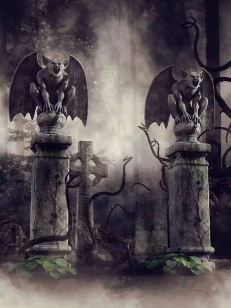 Dark landscape with a gate to a cemetery guarded by two stone gargoyles.3D render.
