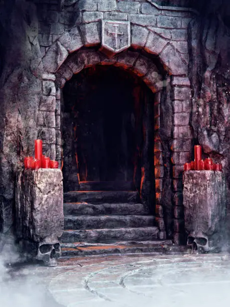 Entrance way to a castle dungeon with skull ornaments and red candles. 3D render.