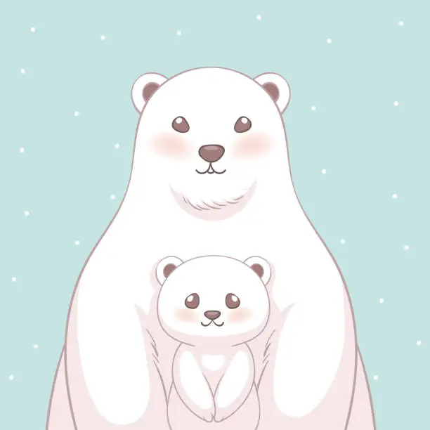 Vector illustration of Cute polar bear mom and her baby character design.
