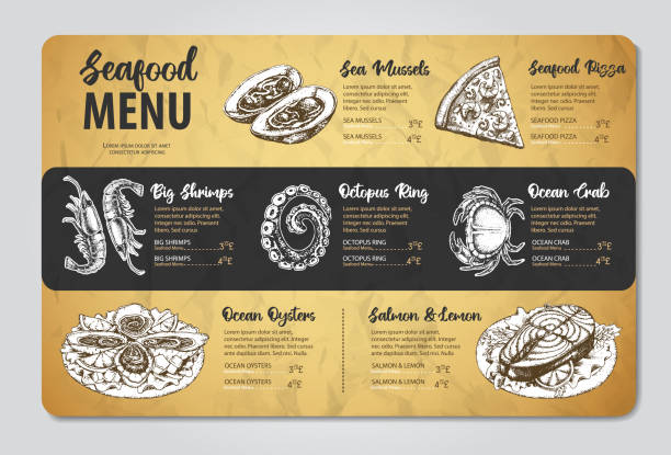 illustrazioni stock, clip art, cartoni animati e icone di tendenza di design del menu di pesce del ristorante. schizzo decorativo di frutti di mare. menu fast food - lobster cracker