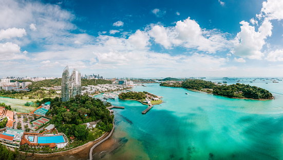 Beautiful panorama overlooking the southern part of Singapore including the adventure island of Sentosa to the right and the luxurious homes of Keppel Bay to the left.