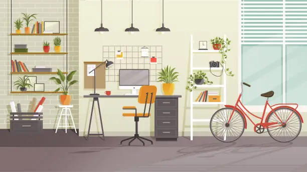 Vector illustration of Vector workplace modern design. Office, studio, cabinet or home workspace interior with furnitures
