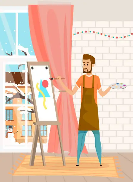 Vector illustration of Serious bearded man drawing the picture holding paint brush standing near easel in home interior