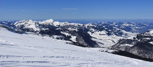 Snow covered mountain Grosser Speer. Ski tracks.