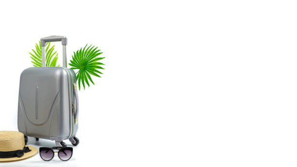istock Summer pattern background. Suitcase, sunglasses with palm leaves and straw hat in travel composition isolated on white background. Design of summer vacation holiday with copy space. 1310562702