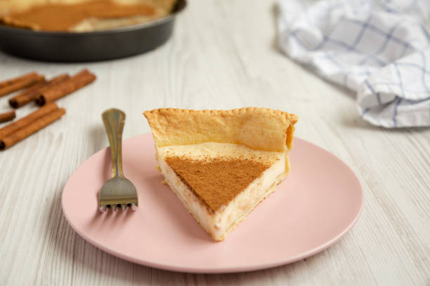 istock Homemade Sugar Cream Pie on a pink plate on a white wooden table, low angle view. 1310563014