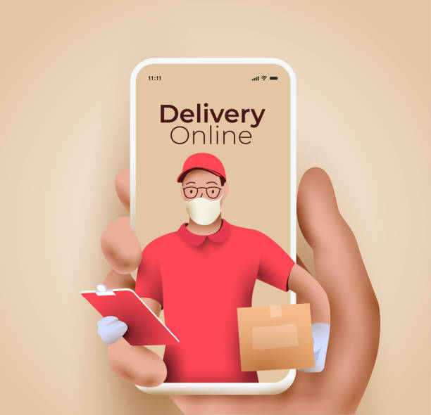 Online delivery service or delivery tracking mobile application concept with semi-realistic hand holding smartphone with courier with packing coming out from the screen. 3d vector illustration Online delivery service or delivery tracking mobile application concept with semi-realistic hand holding smartphone with courier with packing coming out from the screen. 3d vector eps 10 illustration restaurant masks stock illustrations