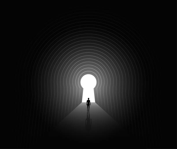 flucht oder einen weg oder schicksal zu finden oder lebensprobleme psychologisches konzept mit menschlicher silhouette zu lösen, die durch den dunklen tunnel zum licht am ende des tunnels geht. vektor-illustration - flüchten stock-grafiken, -clipart, -cartoons und -symbole
