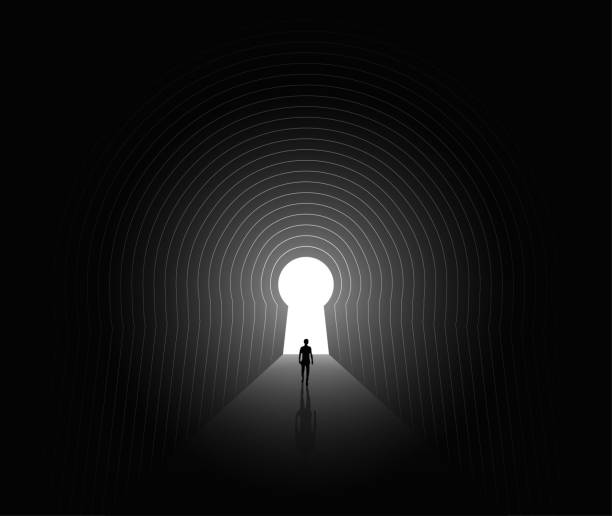 illustrazioni stock, clip art, cartoni animati e icone di tendenza di fuggire o trovare un modo o un destino o risolvere problemi di vita concetto psicologico con silhouette umana che cammina attraverso il tunnel buio fino alla luce alla fine del tunnel. illustrazione vettoriale - escape