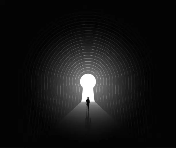 Vector illustration of Escape or finding a way or destiny or solving life problems psychologic concept with human silhouette walking through the dark tunnel to the light at the end of the tunnel. Vector illustration