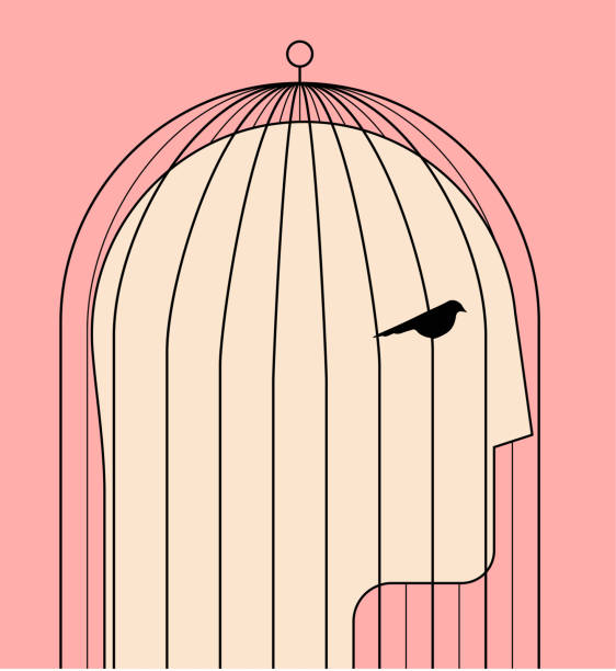 istock Comfort zone or self limit or inner prison psychological concept with human head silhouette in birdcage. Minimalistic vector illustration 1310565686