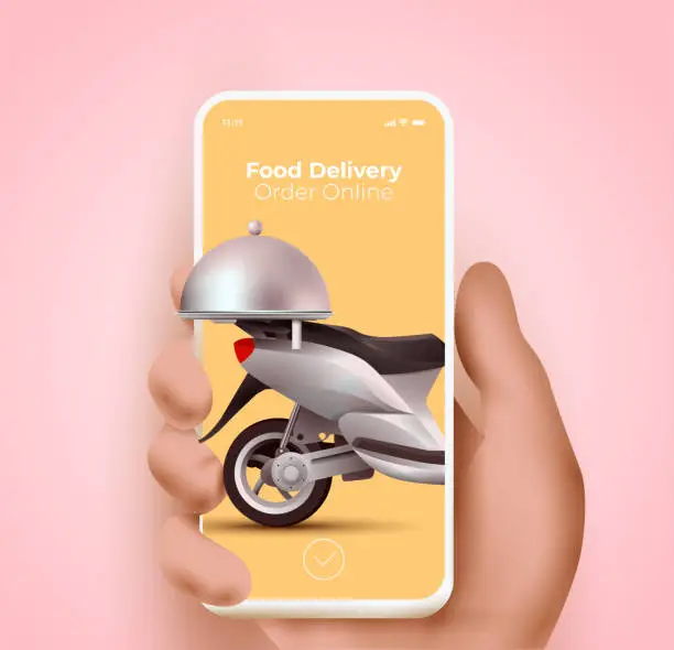 Vector illustration of Food delivery service website or mobile application and online food ordering concept with hand holding smartphone with delivery scooter on the screen. 3d vector illustration