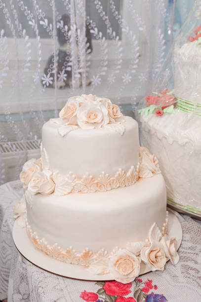 istock Beautiful wedding cake decorated with flowers, cake close up and blur background 1310565875