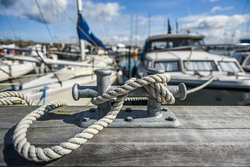 Close-up of cable attached to the bow of a fishing boat. With copy space. Shot with a 35-mm full-frame 61MP Sony A7R IV.