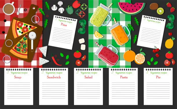 Vector illustration of Set with vegetarian recipes. Italian vegetarian pizza, a leaf with a recipe and ingredients. Top view of a table with a checkered napkin, pizza slices, a knife and vegetables. Everything for cooking vegan pizza and smoothe. A leaf from a notebook.